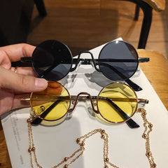 High quality outdoor round frame sunglasses yellow lens chain sunglasses