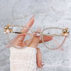 Fashion cat eye diamond pearl frame glasses abti blue light 2025 new style glasses