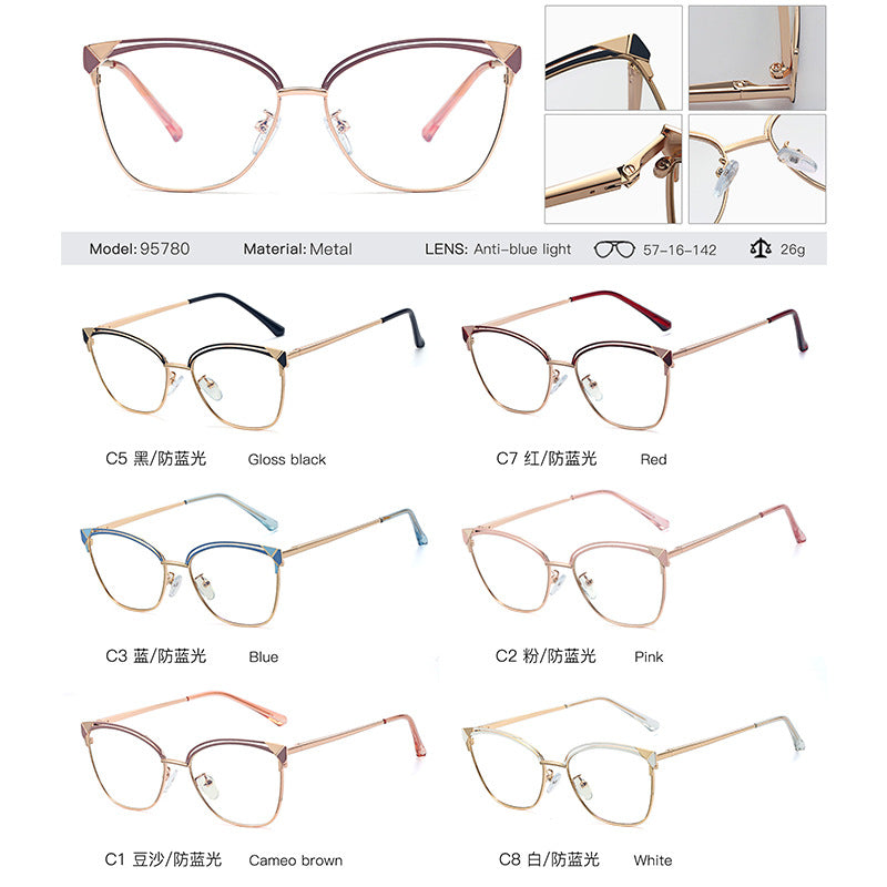 High quality custom logo anti blue light glasses metal frame fashion cat eye glasses