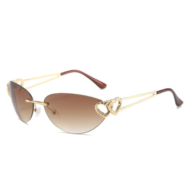 Personality double heart sunglasses ins red heart rimless metal sunglasses female