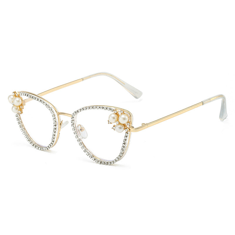 Fashion cat eye diamond pearl frame glasses abti blue light 2025 new style glasses