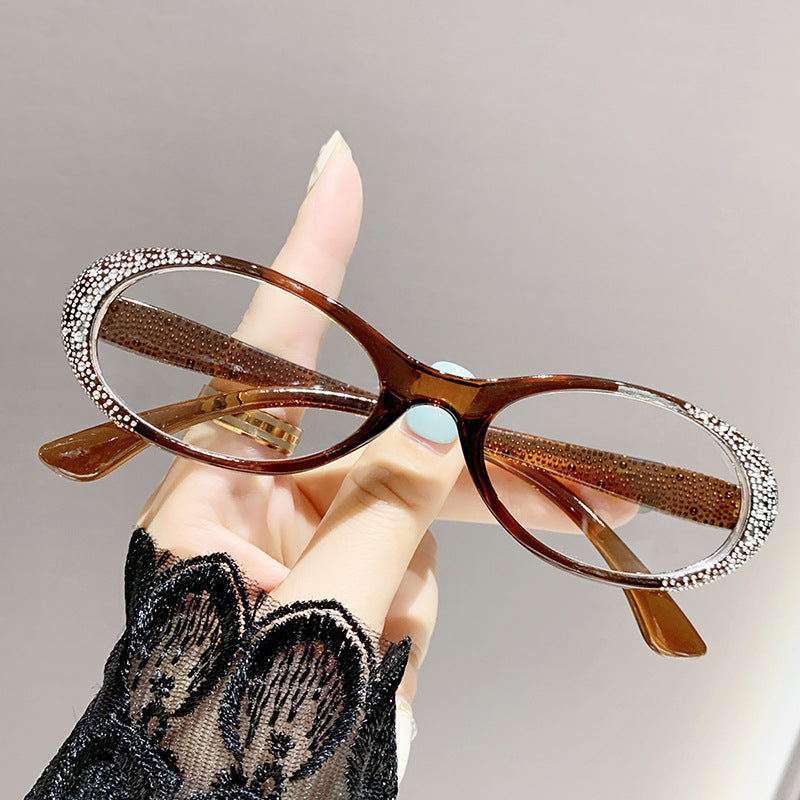 Fashion cat eye new style glasses small oval Diamond natural crystal anti blue light glasses