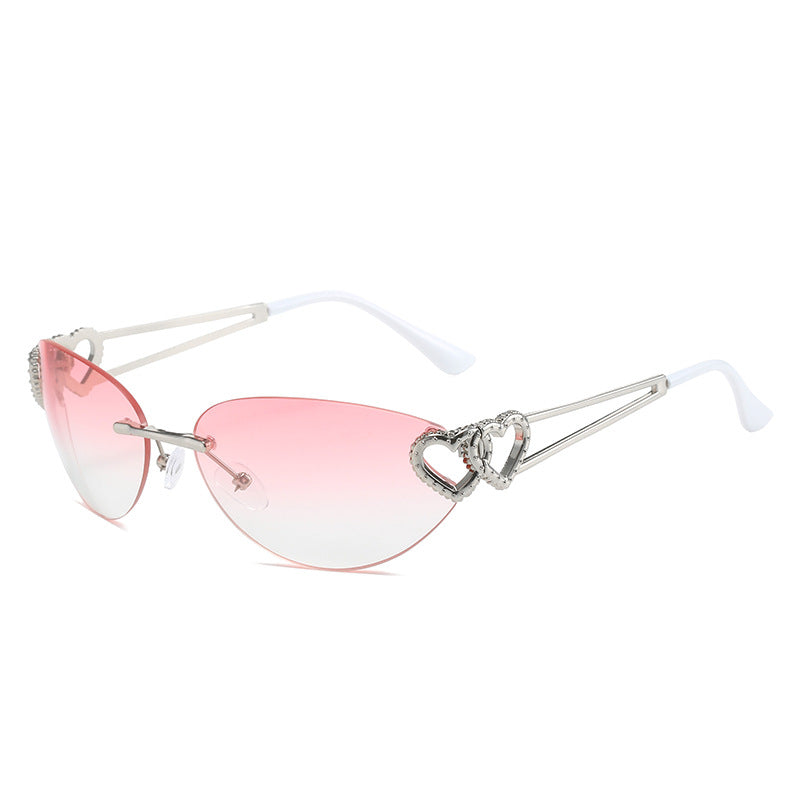 Personality double heart sunglasses ins red heart rimless metal sunglasses female