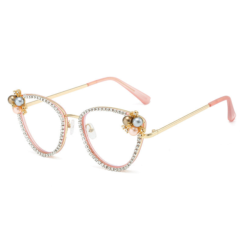 Fashion cat eye diamond pearl frame glasses abti blue light 2025 new style glasses