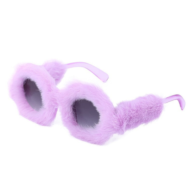 Fashionable round frame plush all-wrapped sunglasses for ladies cute pc frame sunglasses